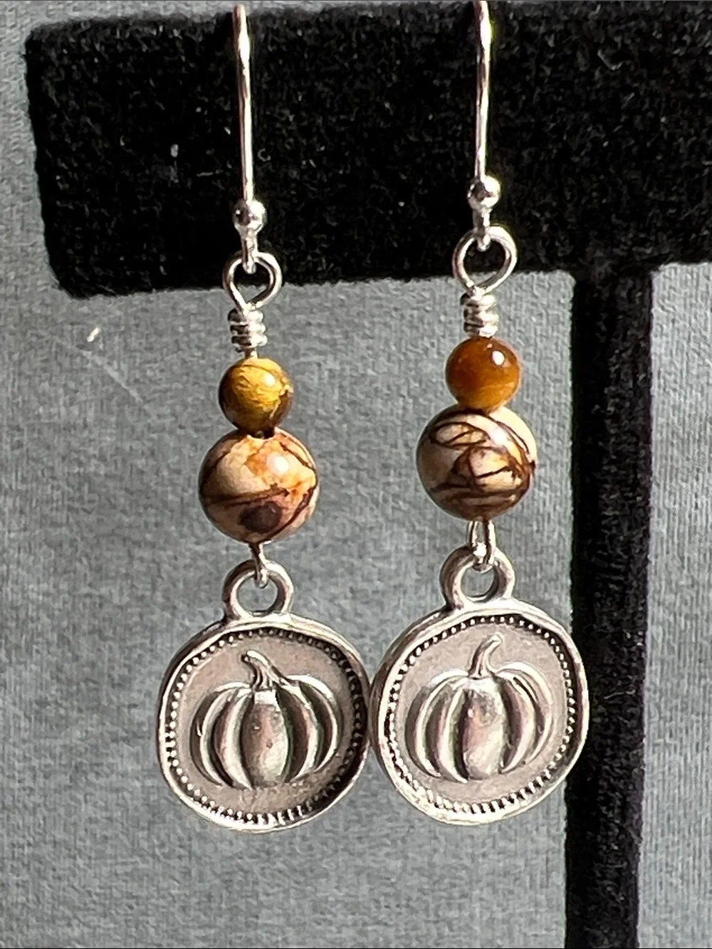 Pumpkin charm sterling 925 dangle earrings Picasso Jasper & tiger eye gemstones